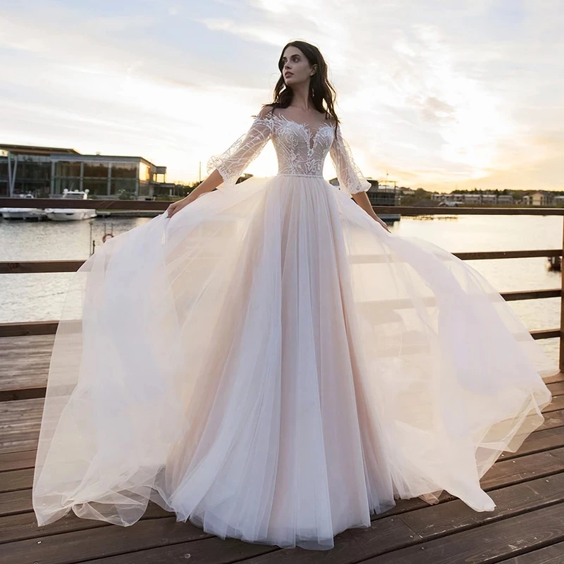 

Elegant Vestidos De Novia Beach Wedding Dress 2021 A-Line 3/4 Sleeves Sequined Appliqued Cheap Boho Bidal Dresses Robe De Mariee