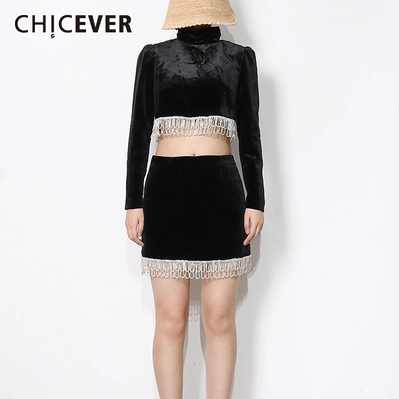 

CHICEVER Sheath Two Piece Set Womens Turtleneck Long Sleeve Tops High Waist Mini Skirts Tassel Hem Sets Female Autumn Clothing