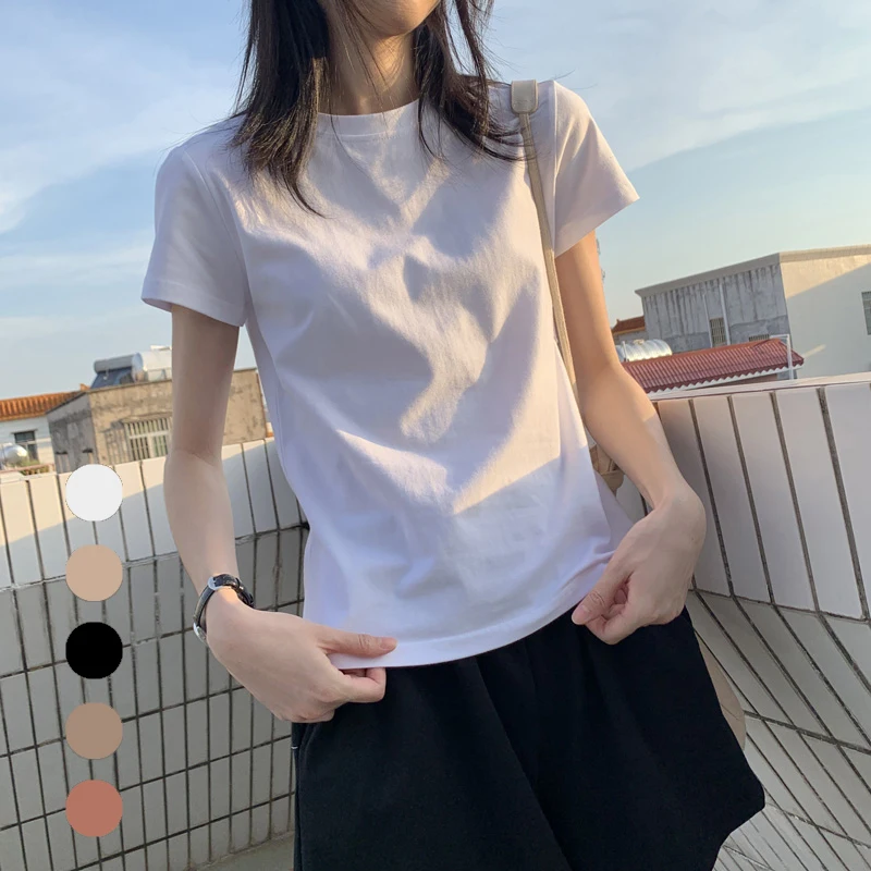 

Футболка женская хлопковая оверсайз, базовая однотонная Повседневная Свободная рубашка в стиле Харадзюку, топ с круглым вырезом и коротким...
