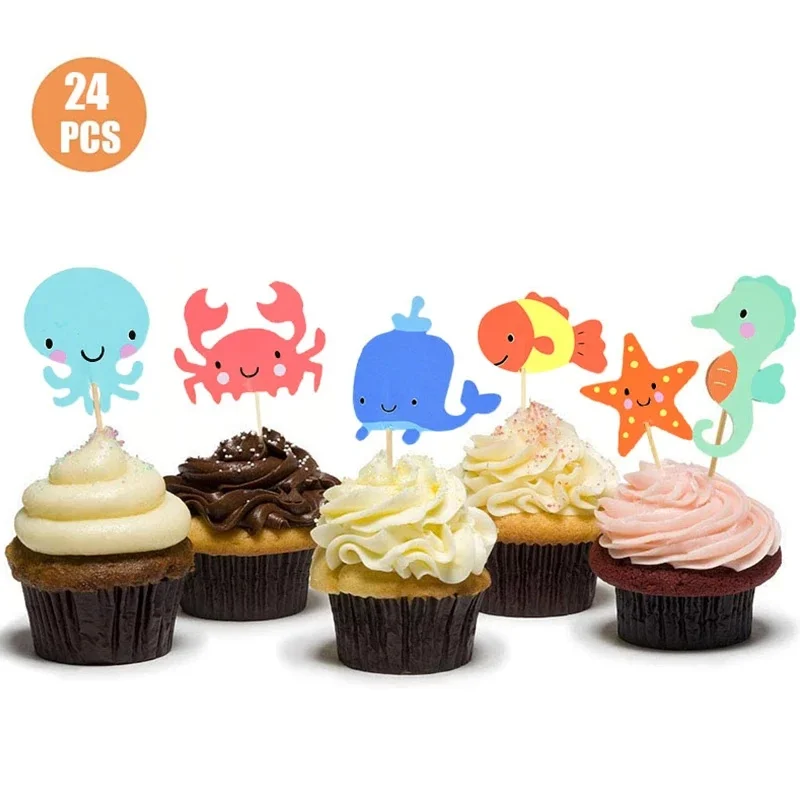 

24pcs Ocean Animal Cupcake Toppers Under the Sea Party Cake Decorations for Boy Baby Shower Mermaid Theme Birthday Party