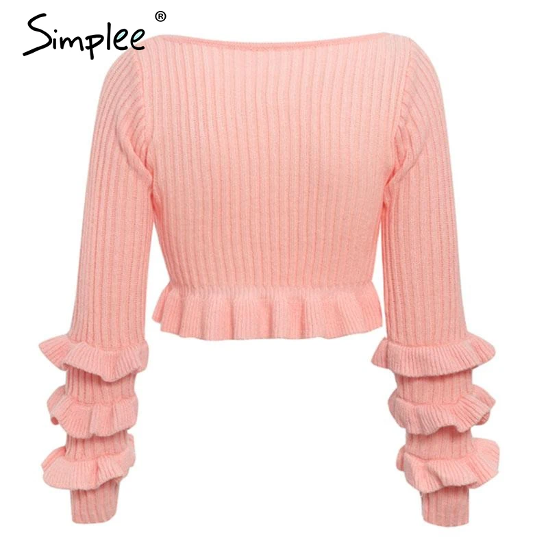 Simplee Ruffle crop pink sweater women Striped solid fashion ladies pullover tops Streetwear elegant female long sleeve jumpers | Женская