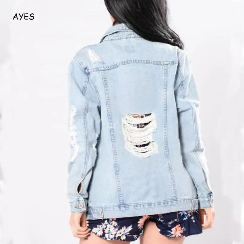 

Women Coats Female Outwear Hole Jean Jackets Loose Light BlueDenim Feminine 2020 Autumn Denim Jacket For Women Turn-Down Collar