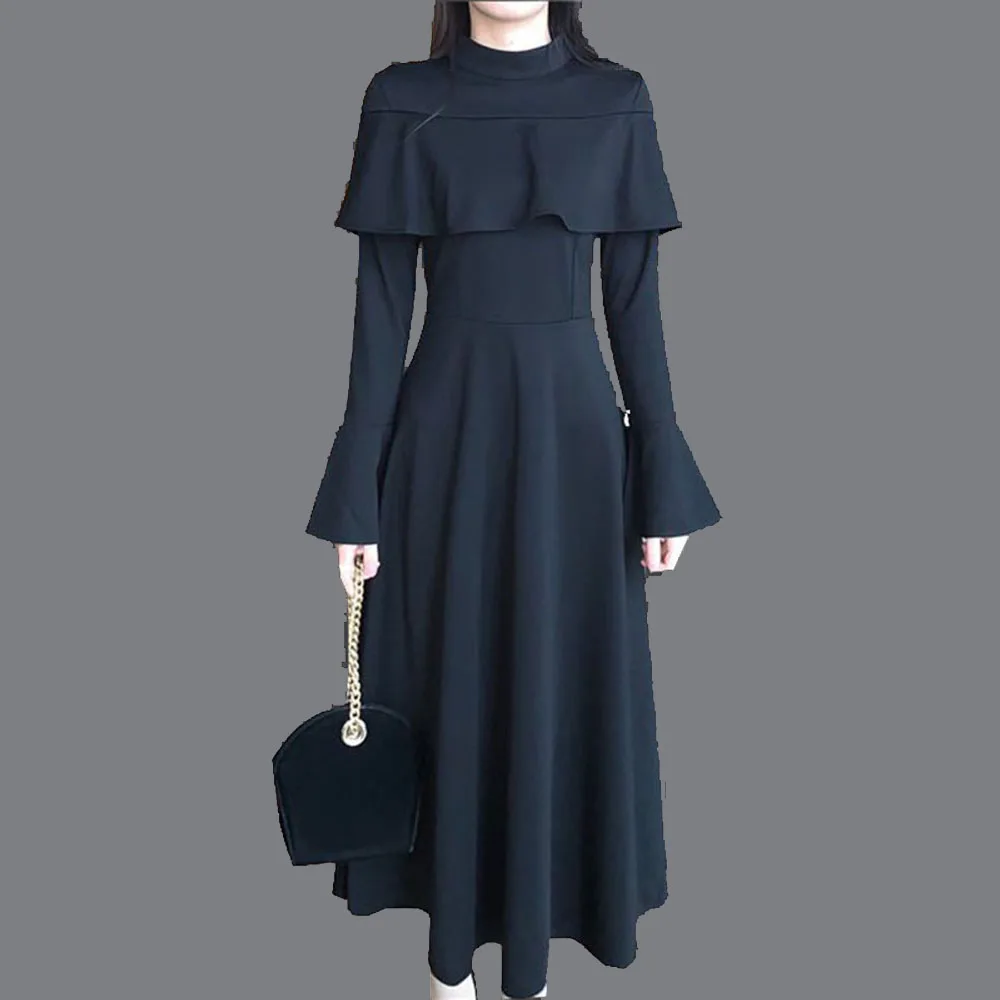 

Женское платье с отложным воротником, элегантное черное платье во французском ретро-стиле с широким рукавом и высокой талией, Осень-зима 2021