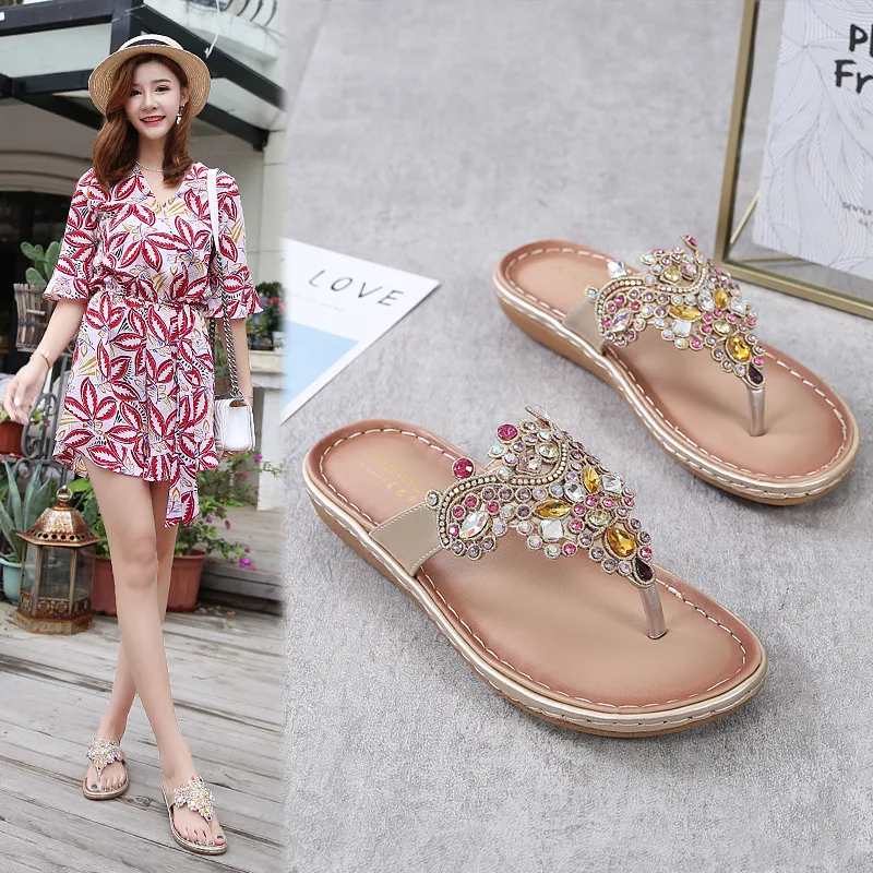 

Summer Sandals Women's Fashion Flat Bottom Diamond Buckle Leisure Outdoor Beach Bohemian Style Non-slip Comfortable