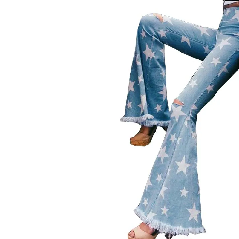 

Wepbel Women's Star Printed Ripped Jeans Tassled Edge Bell-bottom Denim Pants 2021 Summer Plus Size High Waist Jeans Trousers