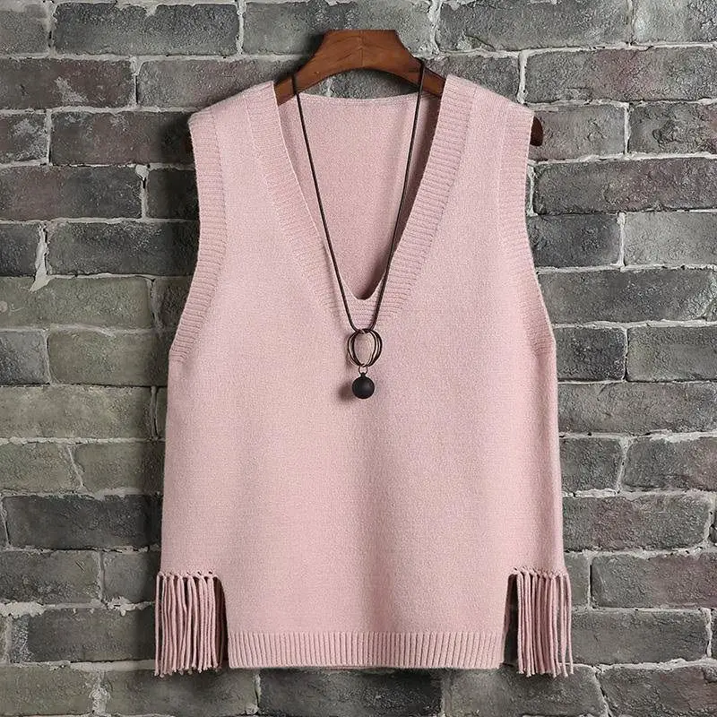 

autumn winter v-neck tassel Women Knitted Vest Plus Size Sleeveless Sweater