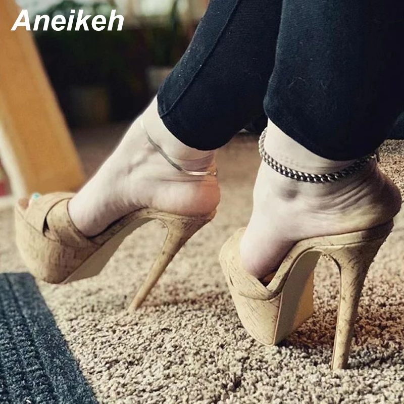 

Aneikeh NEW Sexy 17CM Thin Heels Slippers Women 2023 Summer Platform High Heel Peep Toe Fashion Slip-On Party Shoes Apricot