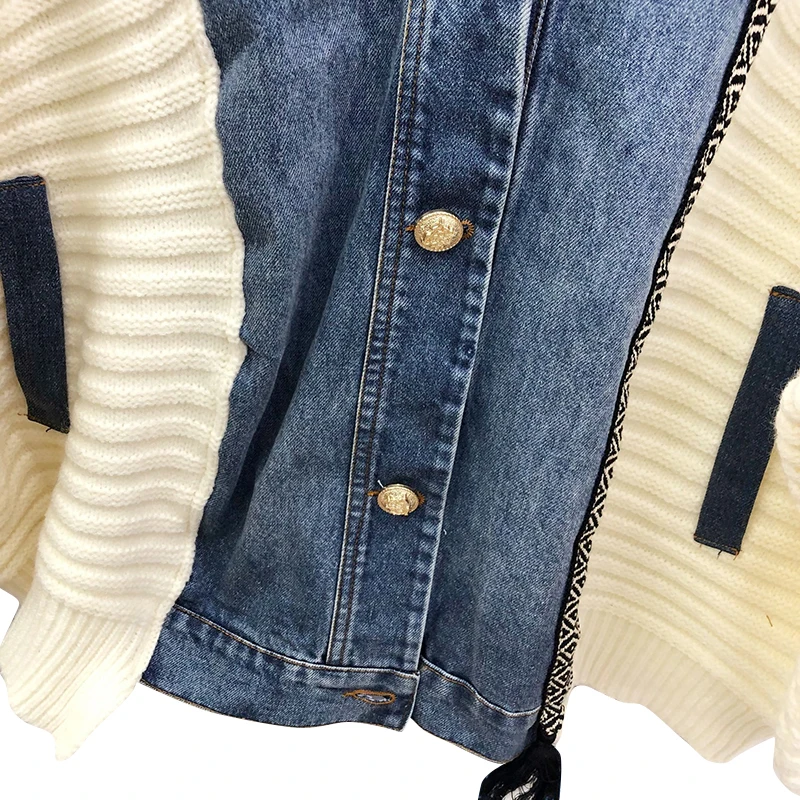 

CHICEVER Casual Jackets For Women V Neck Lantern Long Sleeve Patchwork Denim Hit Color Oversized Coats Female 2020 Autumn Style