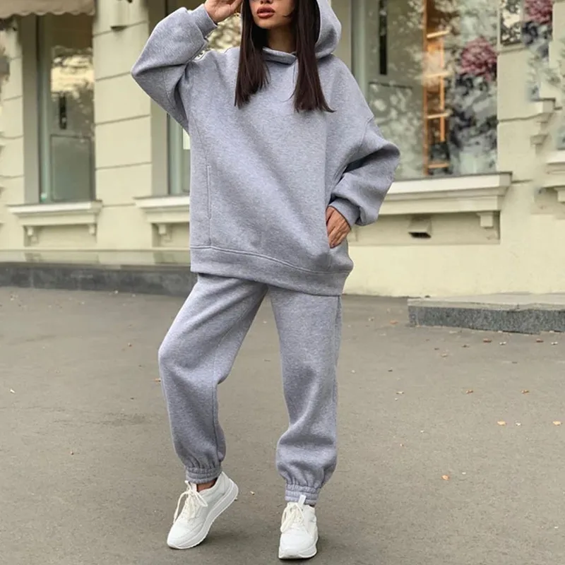 

Women Tracksuit 2 Piece Outfits Autumn Casual Solid Oversized Hoodie Sweatshirts Pocket Pants 2 Piece Set Sport Sweatpants Suit
