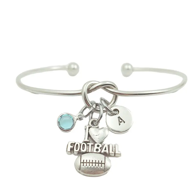

I Love Football Retro Creative Initial Letter Monogram Birthstone Adjustable Bracelet Fashion Jewelry Women Gift Pendant