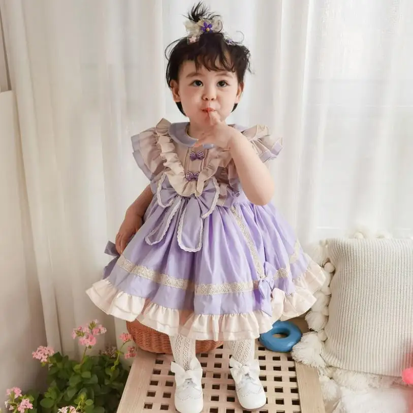 

2022 Summer Spanish Vintage Lolita Ball Gown Bow Lace Stitching Sleeveless Birthday Party Easter Princess Dresses For Girl A1051