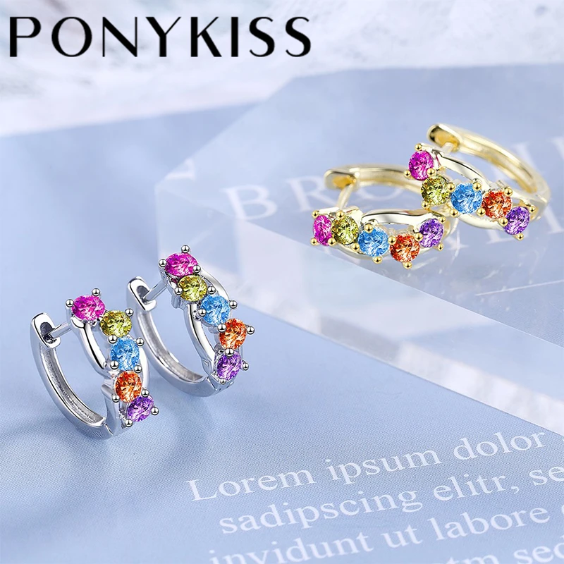 

PONYKISS Trendy 925 Sterling Silver Minimalist Colorful Zircon 14K Gold Hoop Earrings Buckle for Women Jewelry Drop Shipping