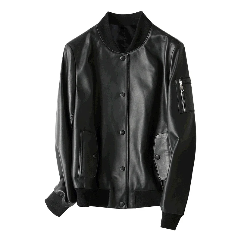 100% Real Sheepskin Coat Female Genuine Leather 2020 Spring Short Genuine Leather Black Baseball Jacket Women 29107LW334