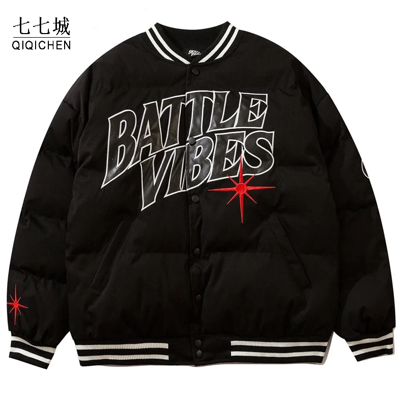 

Winter Hip Hop Down Parka Men Letter Embroidery Thick Coat Heated Padded Jacket Oversized Retro Warm Jackets Unisex Streetwear