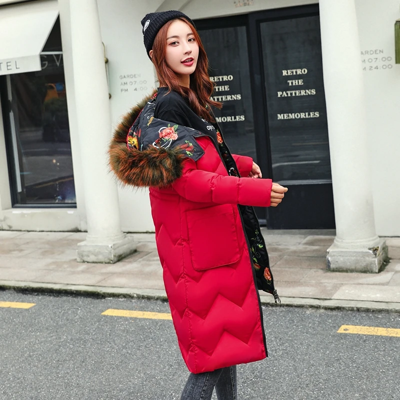 2020 New Print Liner Double Sided Wear Parka Winter Jacket Women Medium Long Hooded Parka Fur Collar Coat