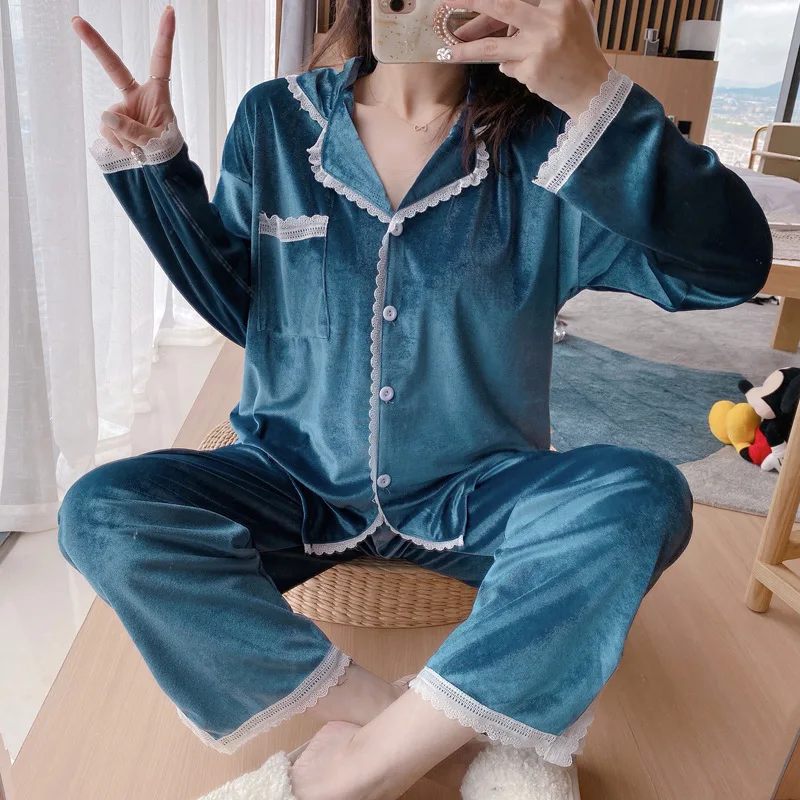 

2020 Spring Autumn Women Pajamas Turn Down Collar Fashion Velvet Soild Long Sleeve Two-piece Suits Sleepwear Casual Female Sets