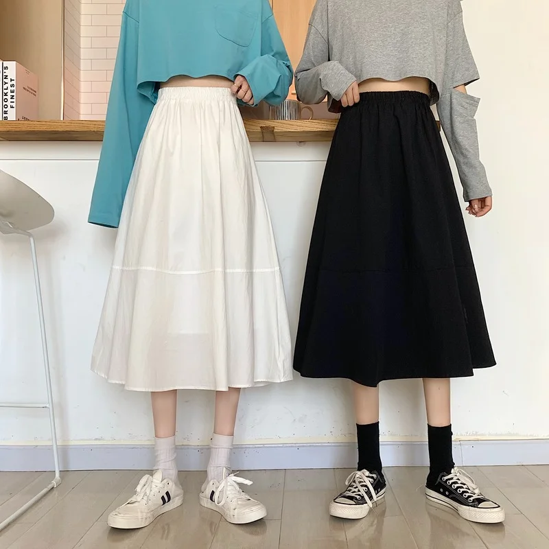 

White mid-length skirt spring and autumn new style 2021 all-match skirt with lining female high-waisted thin a-line skirt