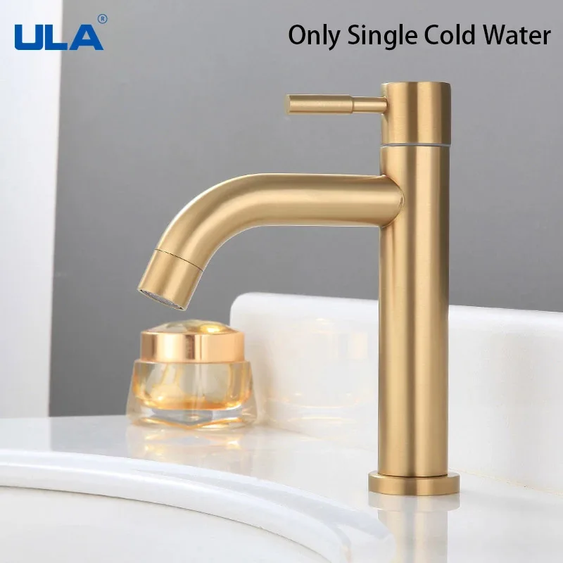 Смеситель для раковины ULA золотистый кран в ванную комнату холодной воды водопад