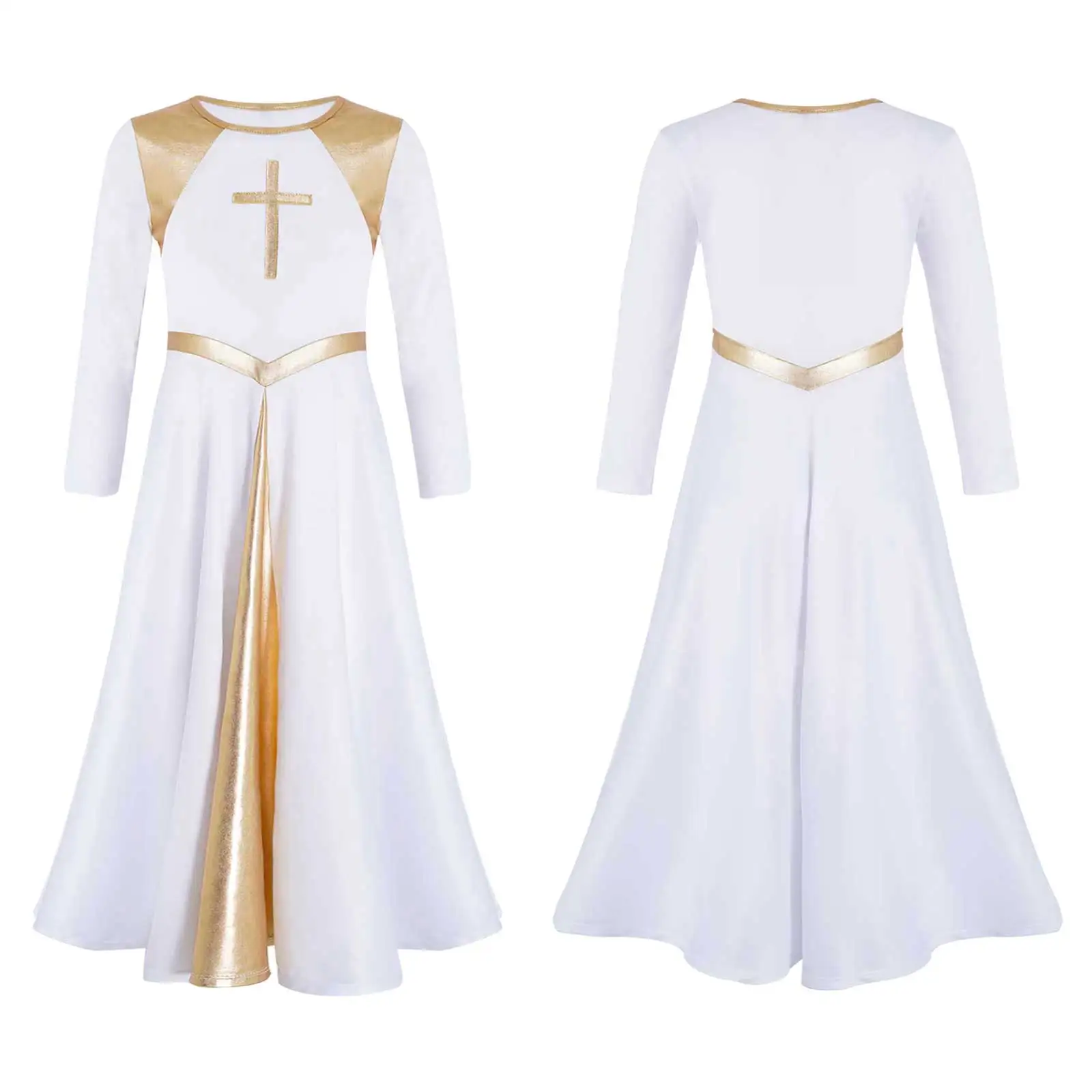 

4-14Y Kids Girls Cosplay Dress Metallic Shiny Contrast Color Cross Pattern Dance Dress Girls Long Sleeve Church Party Dresses