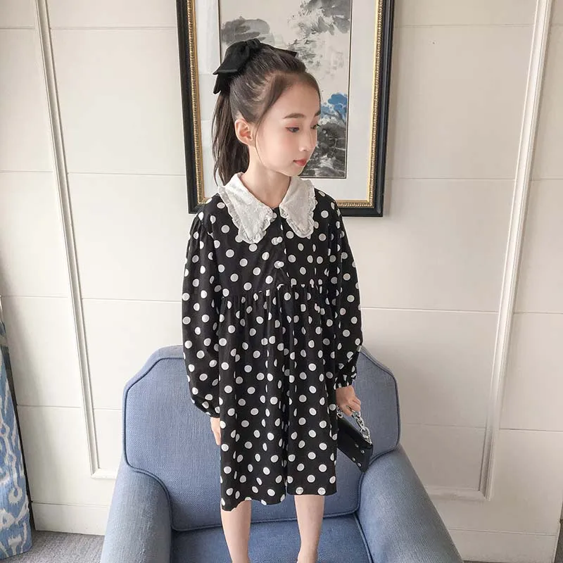 

Polka Dot Black Fashion Long Sleeve Girls Dress Short Korean Cute Flower Spring Girls Dress Autumn Robe Fille Clothes BW50DR