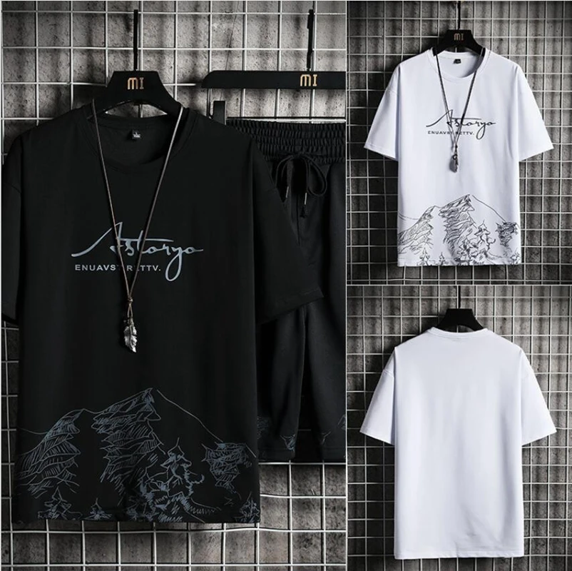 

Black Shorts Set Men Summer Fashion Print T-Shirt + Shorts 2 Pieces Suit Male Patchwork Casual Set Summer Jogger Tracksuit Men