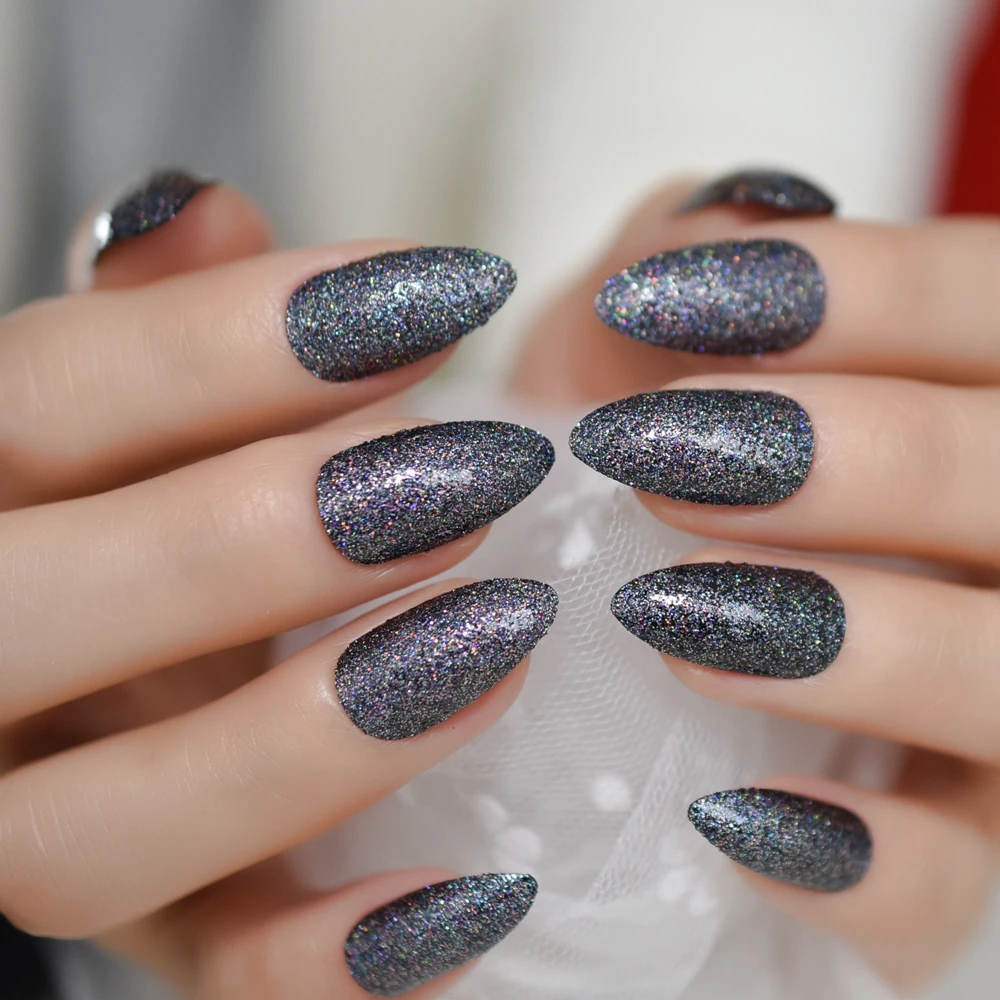 

Dark Glitter Nails Almond Medium-Shrot Size Sharp Nails tips Fingernails Art Wholesale Gels Nails Detachable Reuseable Charming