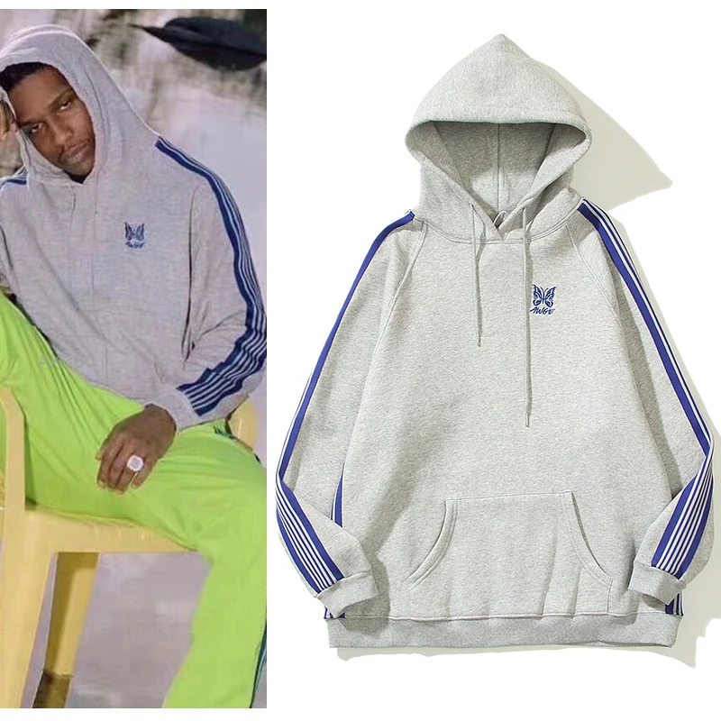 

Sleeve Striped Butterfly Embroidery Fleece Mens Hooded Sweatshirts Harajuku Oversize Streetwear Retro Spliced Couple Hoodies