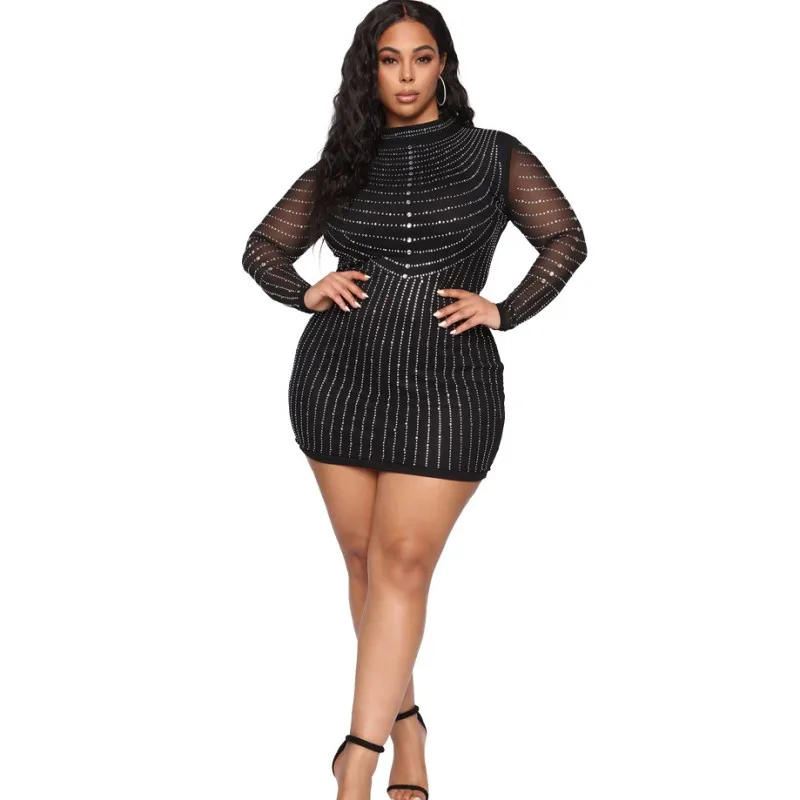 

African Dress For Women Stand Collar Full Sleeve Ropa Mujer Autumn New Fashion Diamond Party Club Sexy African Short Dress 2021