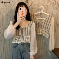 women shirts chiffon patchwork embroidery v neck ladies puff sleeve crop top french style ruffled female hollow out shirt trendy