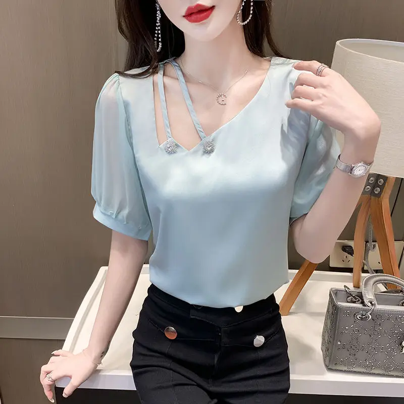 

Chiffon Women Shirts Diagonal Collar Short Sleeve Asymmetry Casual Tops Elegant Summer Blouses Ropa De Mujer Blusas MM0720