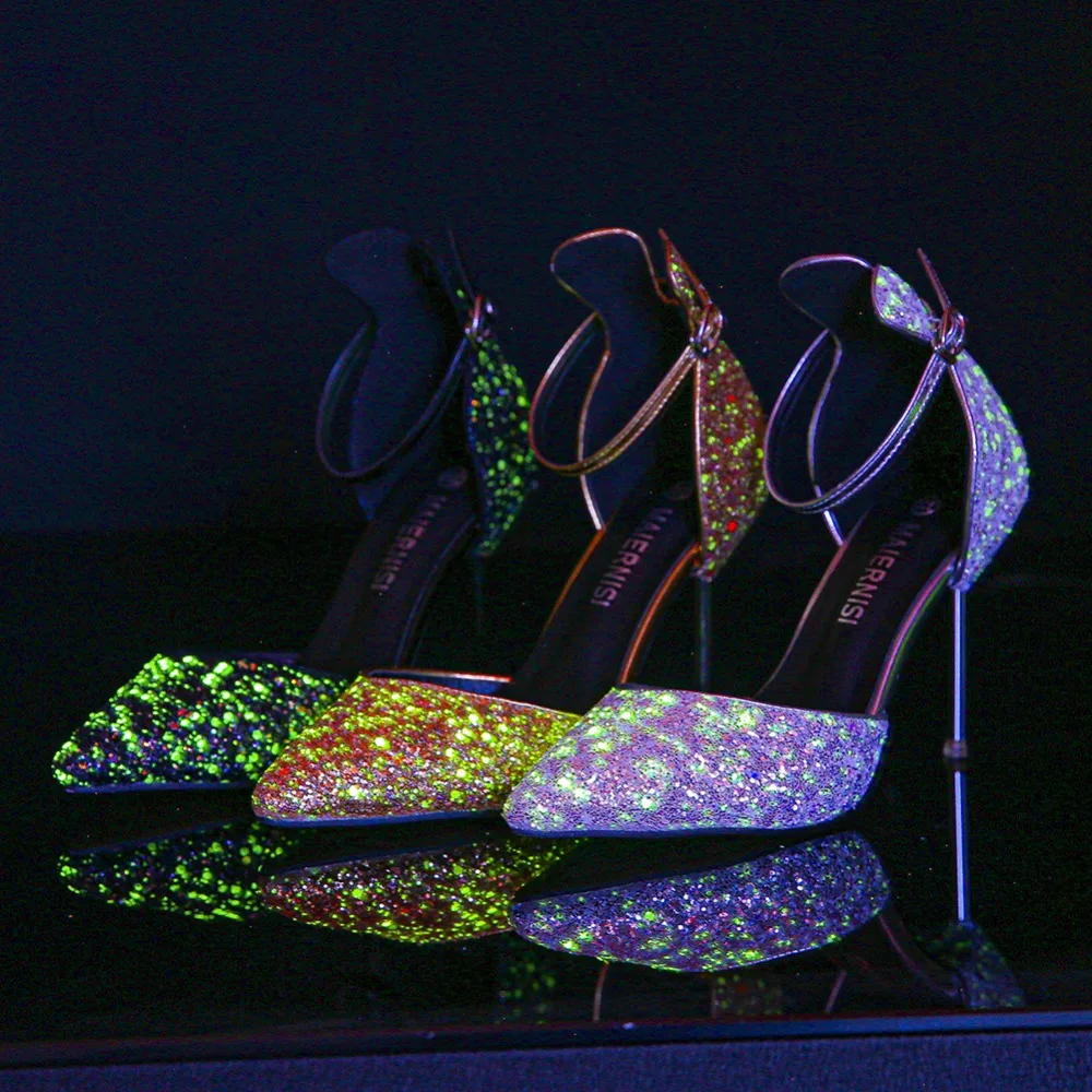 

Spring Summer Stiletto Noctilucent Sequins shoes 10cm thin heels Sandals women wedding Pumps Bridal Buckle Stiletto zapatos muje