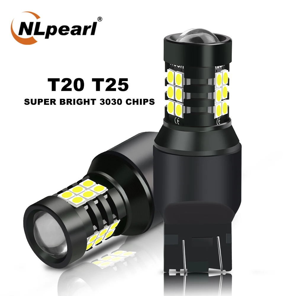 

Светодиодная лампа поворотника Nlpearl 2x7440 W21W W21 5W 7443 Led T20 21SMD 3030 3157 Led P27/7W T25 3156 P27W, фонасветильник заднего хода, белый 12 В
