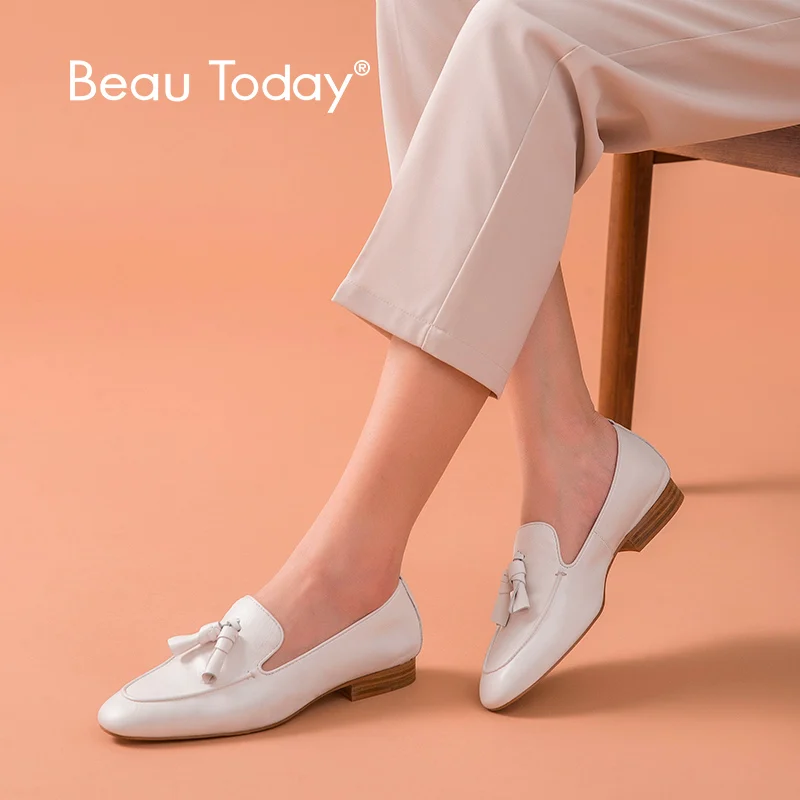 BeauToday Кожаные Мокасины Женская обувь из коровьей кожи бахромы на плоской подошве