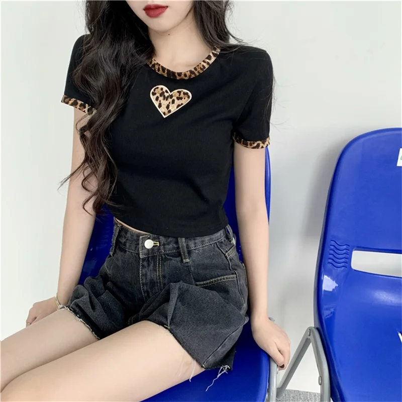 

2021summer South Korea New Love Leopard Print Tight-Fitting T-Shirt All-Match Sexy Short Short-Sleeved Bottoming Top Women 2623