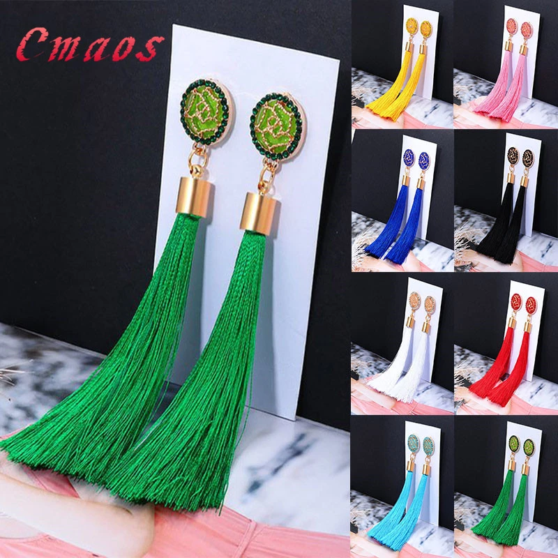 Женские богемные серьги с кисточками и кристаллами черные белые синие красные