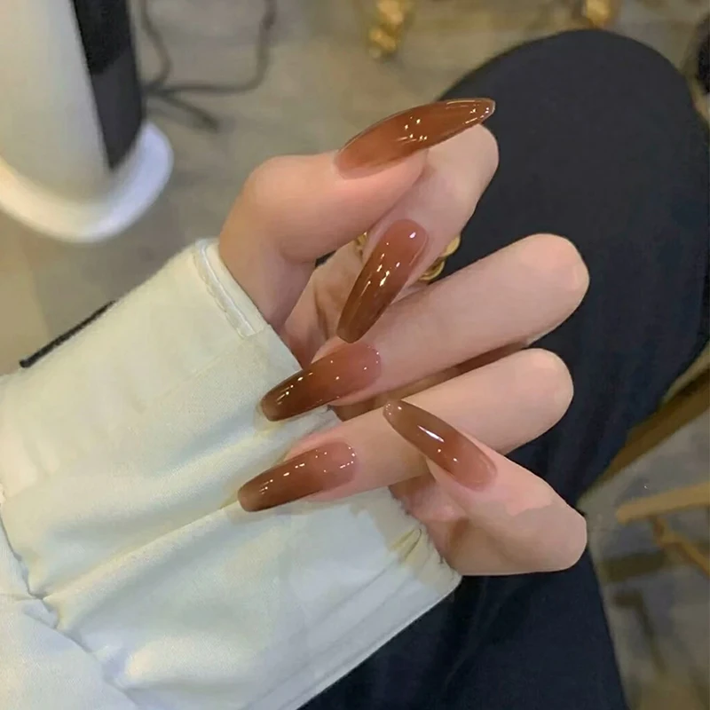 

Fake press on nails coffin Ice Transparent Coffee Color Long-Wear Nail Art Detachable Nail Stickers 24 Pieces With Glue TY