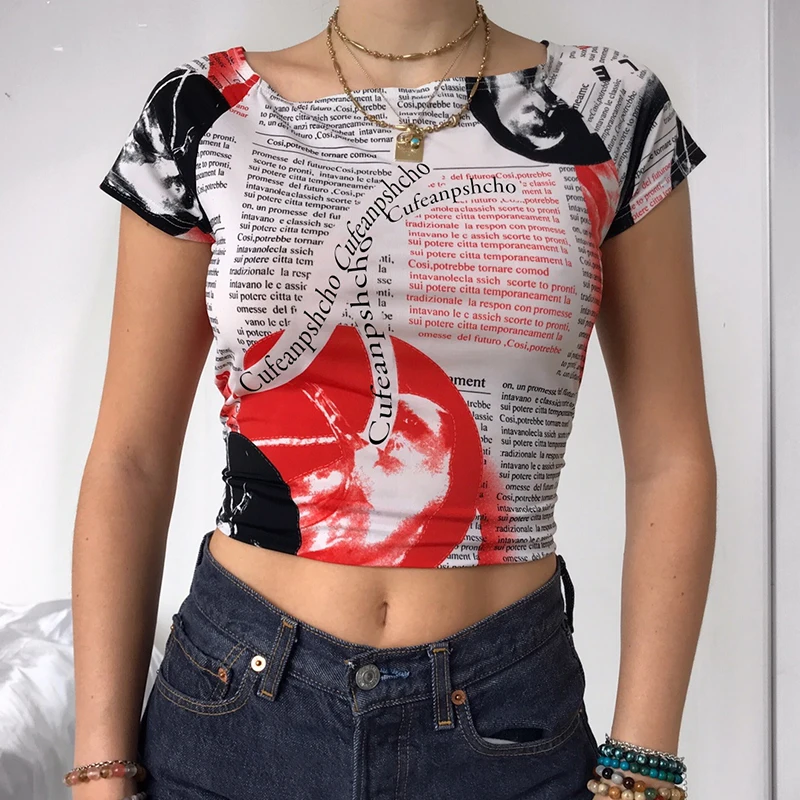 

Rockmore Vintage Printed Crop Top Crewneck Short Sleeve T Shirt Sexy Women'S Cropped Tee y2k Aesthetic Basic T-Shirt Summer 2021