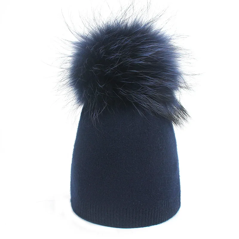 Детская Зимняя шерстяная шапка с помпоном из меха енота розового цвета для