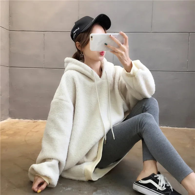 

Plus size women's winter clothes new plus velvet thick hooded sweater women loose lamb plush jacket