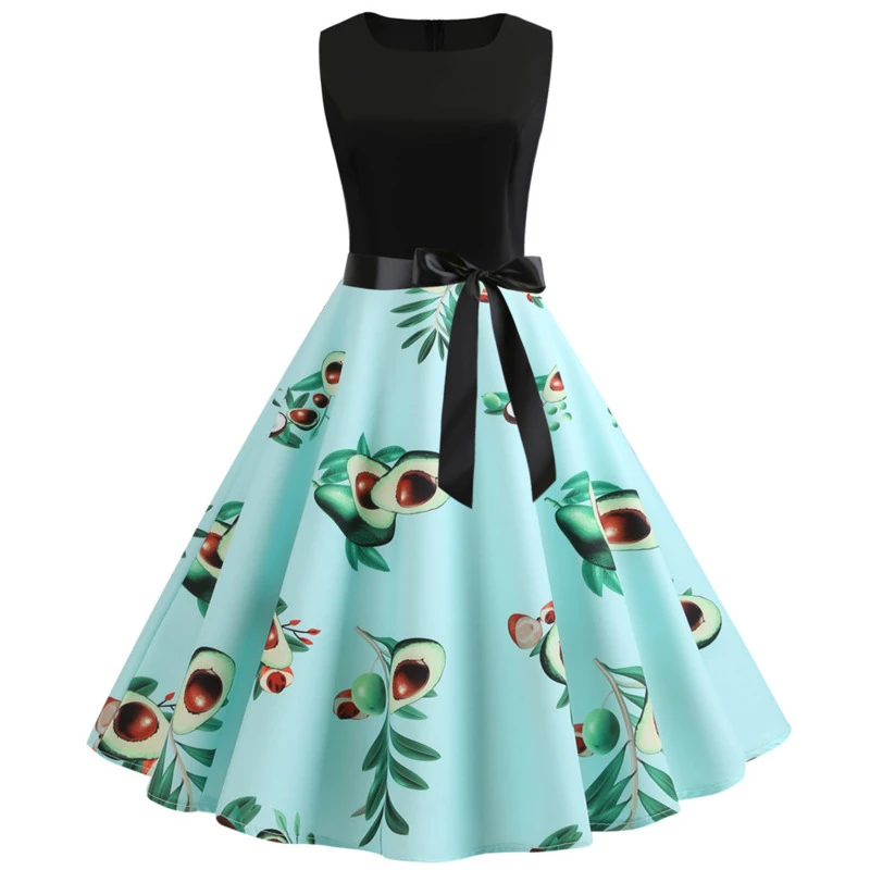 TITAME Women Vintage Dress Sleeveless Valentine Big Swing Elegant Print Party Dresses Robe Plus Size | Женская одежда