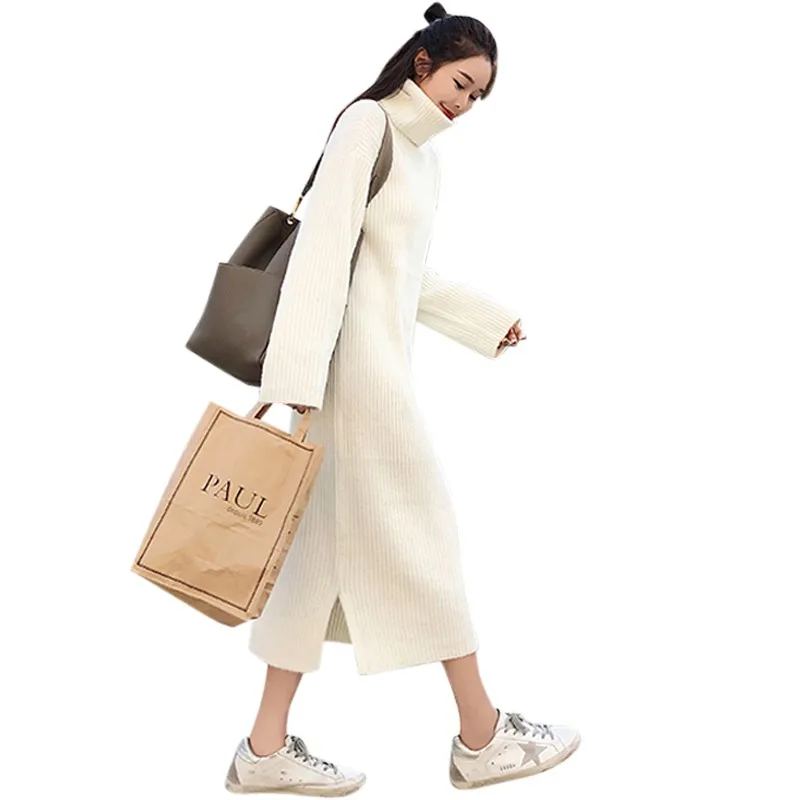 Трикотажное платье-свитер с высоким воротником соблазнительные женские