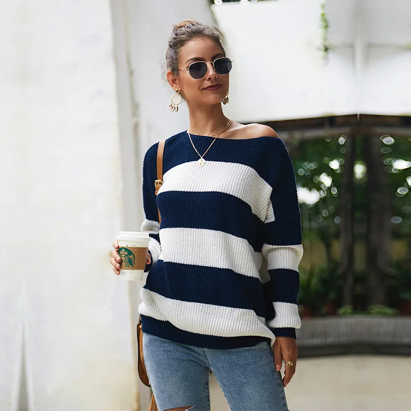 

2021 New Autumn Winter Knitted Tops Women Casual Striped Full Sleeve Slash Neck Sweater Top