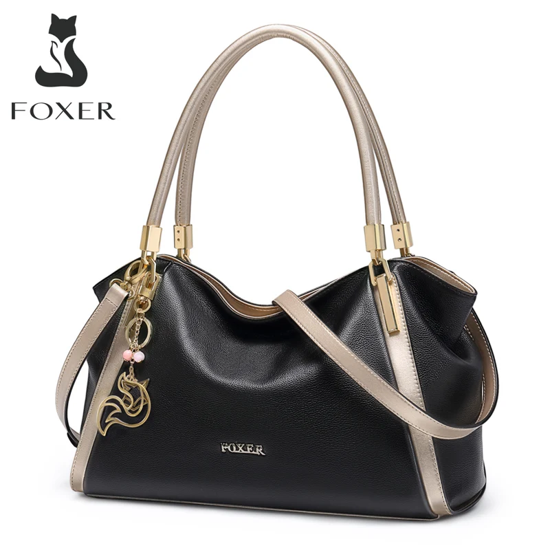 

FOXER Women's Genuine Leather Handbag Lady Bling Large Capacity Shoulder Bag Brand Design Purse Female Top Handle Tote