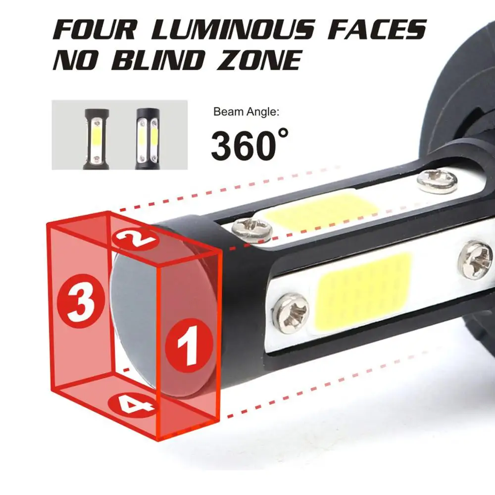 Автомобильный фары LED 4 стороны H7 H4 H1 H3 H11 H13 HB1 HB2 HB3 HB4 HB5 9003 9005 9006 9007 12000LM 12V 6500K лампа включена.
