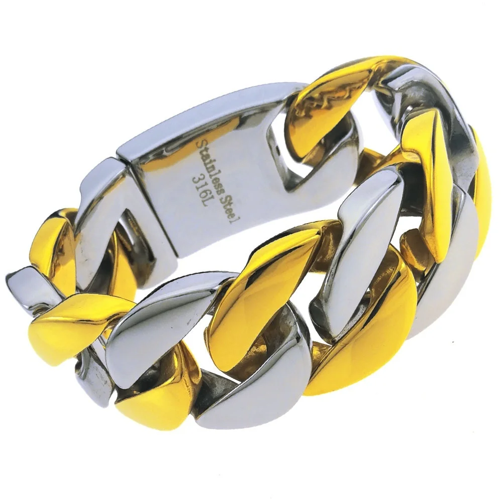 

Top quality 316L stainless steel curb 24mm band solid heavy gold & silver tone Bracelet