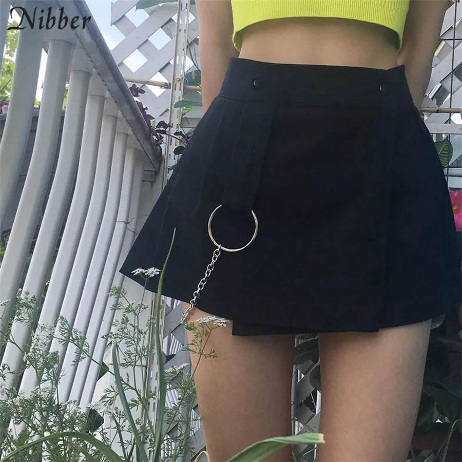 Nibber Harajuku девушки милые белые Лолита плиссированные юбки женские осенние дикая декоративная металлическая цепь черные готические мини юбки mujer