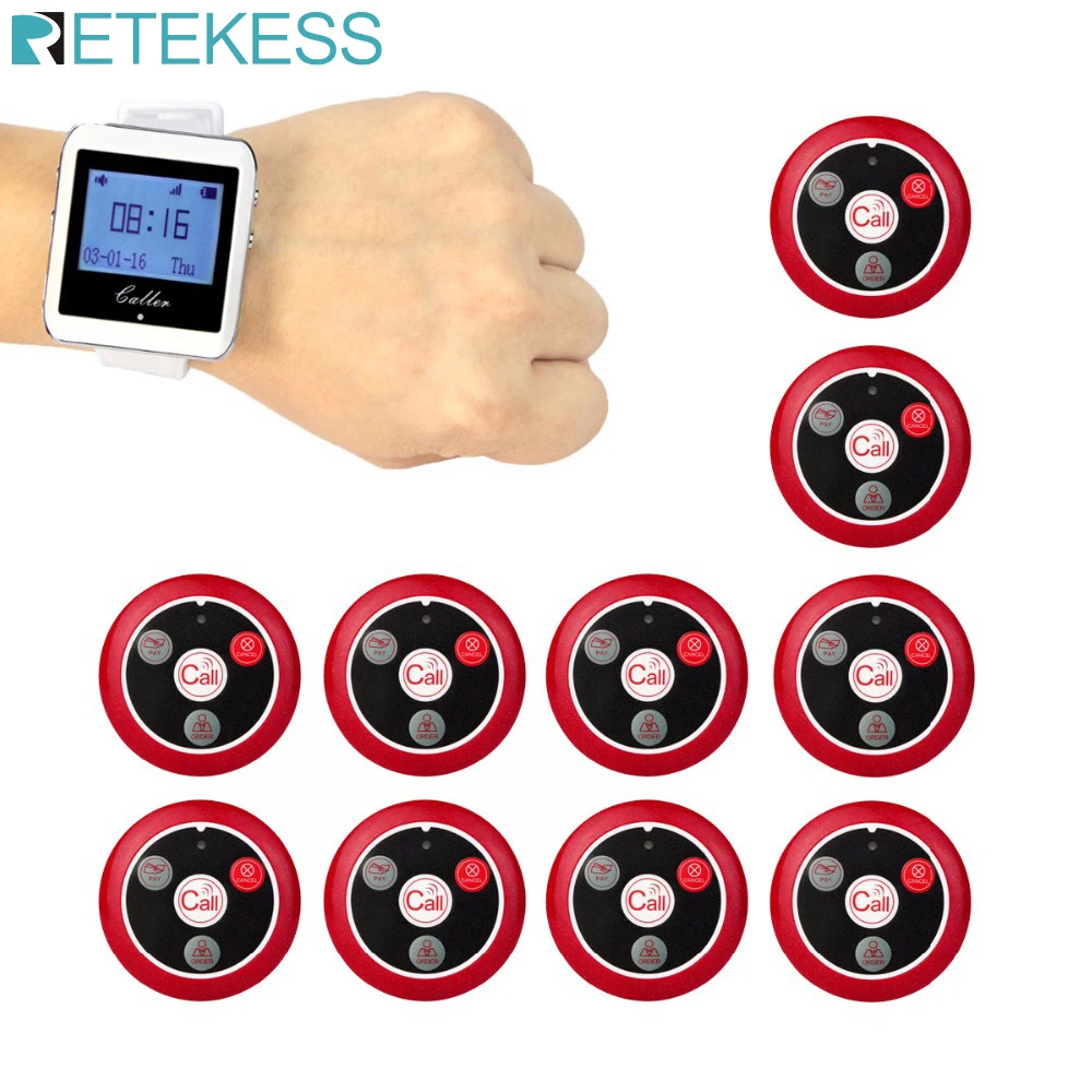RETEKESS Wireless Waiter Calling System For Restaurant Service Pager System Guest Pager Watch Receiver+10 Call Buttons F3288B