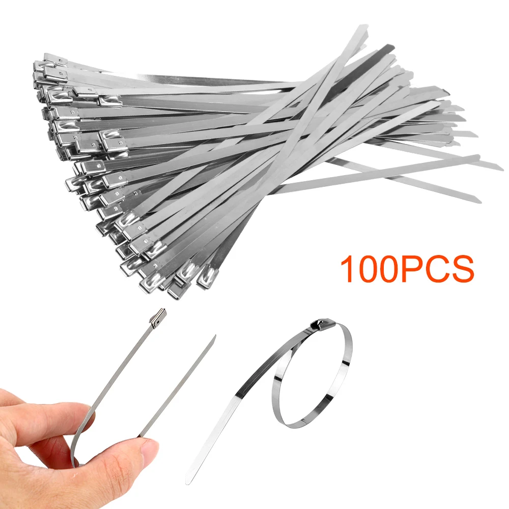 

100 piece/Set Stainless Steel Cable Ties 4.6mm Width Metal Exhaust Wrap Ties Multi-Purpose Self-Locking Cable Zip Tie