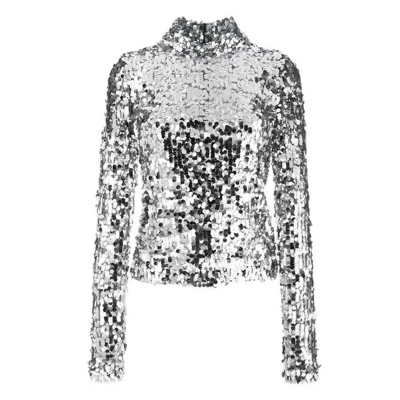 

Young Girl Chic Stand Collar Sequin Long-sleeved Womens Tops and Blouses New Design Turtleneck Glittery Streetwear Blouse Women