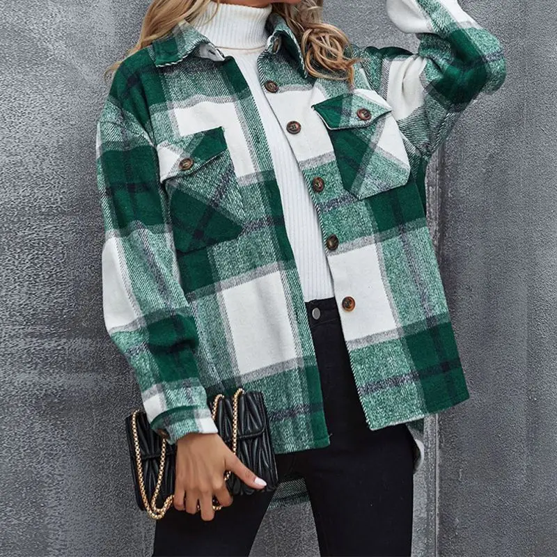 

Осеннее Женское пальто в уличном стиле на пуговицах с карманами, клетчатая дизайнерская блузка с длинным рукавом, кардиган с лацканами, вер...